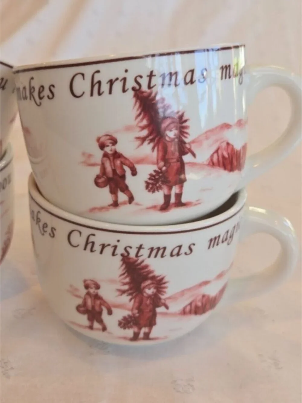 Set of 4 Holiday White Ceramic Mugs with Red Christmas Graphic